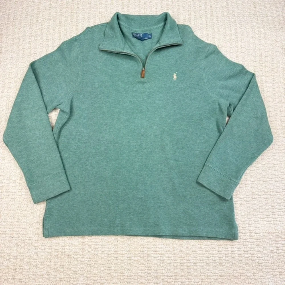 Polo Ralph Lauren Mens Sweater XL Green Quarter Zip Cotton Pony Preppy‎